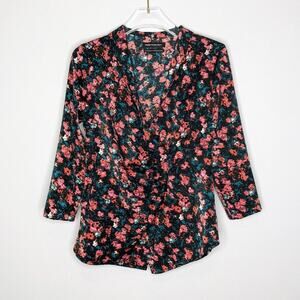 Something Navy Pink Rosebud Painterly Print Draped Front Blouse Size XXS